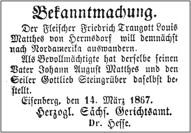 1867-03-14 Hdf Fleischer Matthes Auswanderung